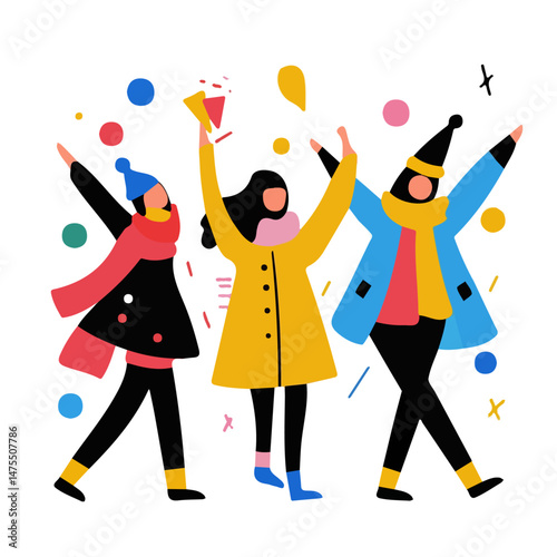 2D flat New Years Day Parade vector illustration, isolated on a white background.