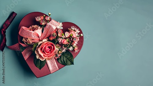 A heart-shaped box with pink flowers on it. The flowers are arranged in a way that they look like they are hugging the box. The box is placed on a blue background