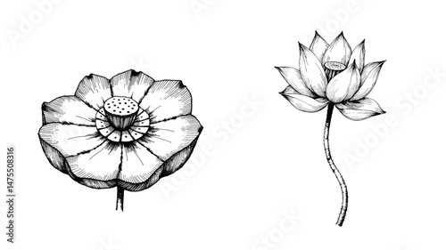 Close-up ink sketch of a lotus root, sliced lotus root showing holes