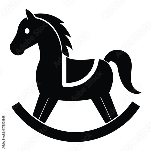 Black silhouette shows a vintage style rocking horse on a white backdrop beautifully