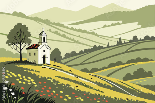 6 rolling hills, lush green fields, white chapel, misty mountains, vibrant colors, tranquil pastoral scene, picturesque landscape, serene countryside, atmospheric lighting, beautiful natural scenery