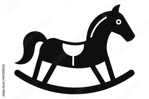 A black rocking horse shows a side view in detailed silhouette