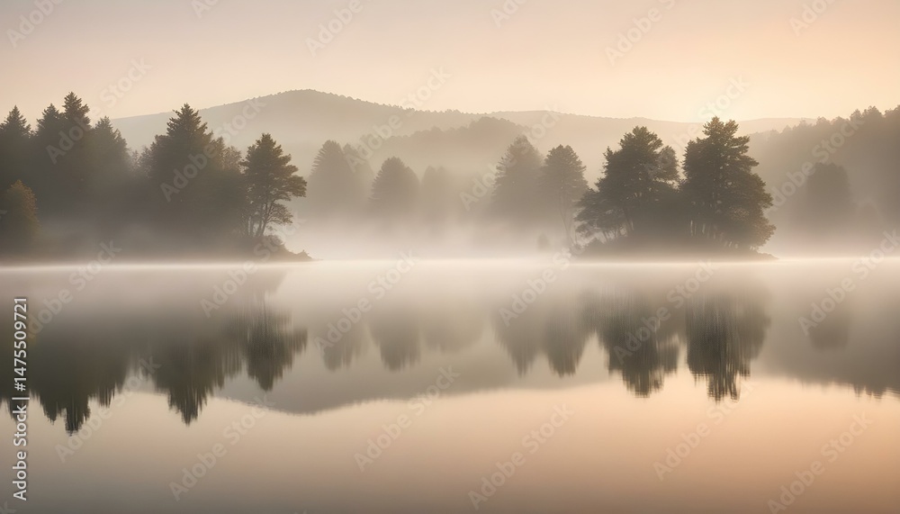 Fototapeta premium A tranquil lake scene featuring a misty morning with reflections of trees and calm waters.