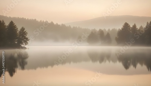 A tranquil lake scene at dawn, shrouded in mist, with trees and hills forming a beautiful backdrop.