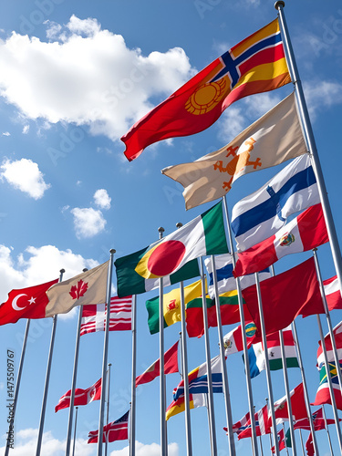 Flags of many countries vawing in the wind with blue sky and white clouds. for political, international trade, relationship concepts, international crisis, NATO organization,