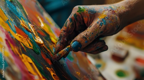 Artist's Hands Working with Vibrant Paint on Colorful Abstract Canvas