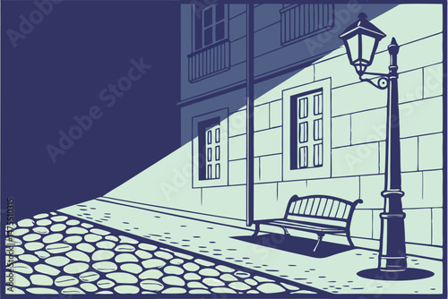 7 bench, lamp post, cobblestone street, blue wall, dramatic lighting, atmospheric, cinematic