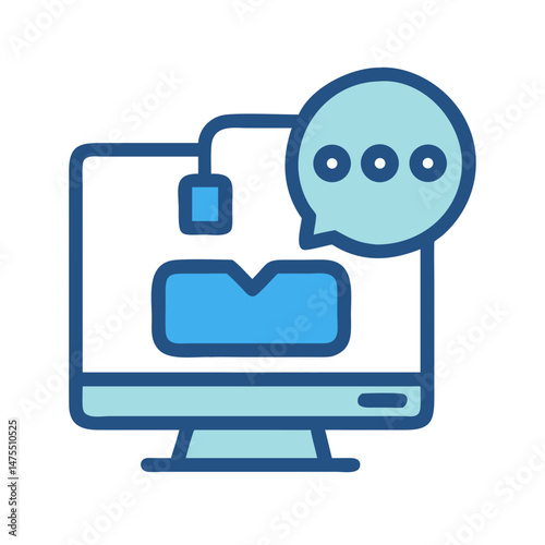 Online communication icon with computer screen and speech bubble