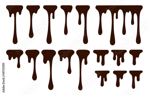Big set of hand drawn long drip of chocolate, glaze, milk, ice cream, gelato, syrup. Contour, silhouette of dripping drop from cake, dessert, isolated on white background in flat style. Vector EPS10