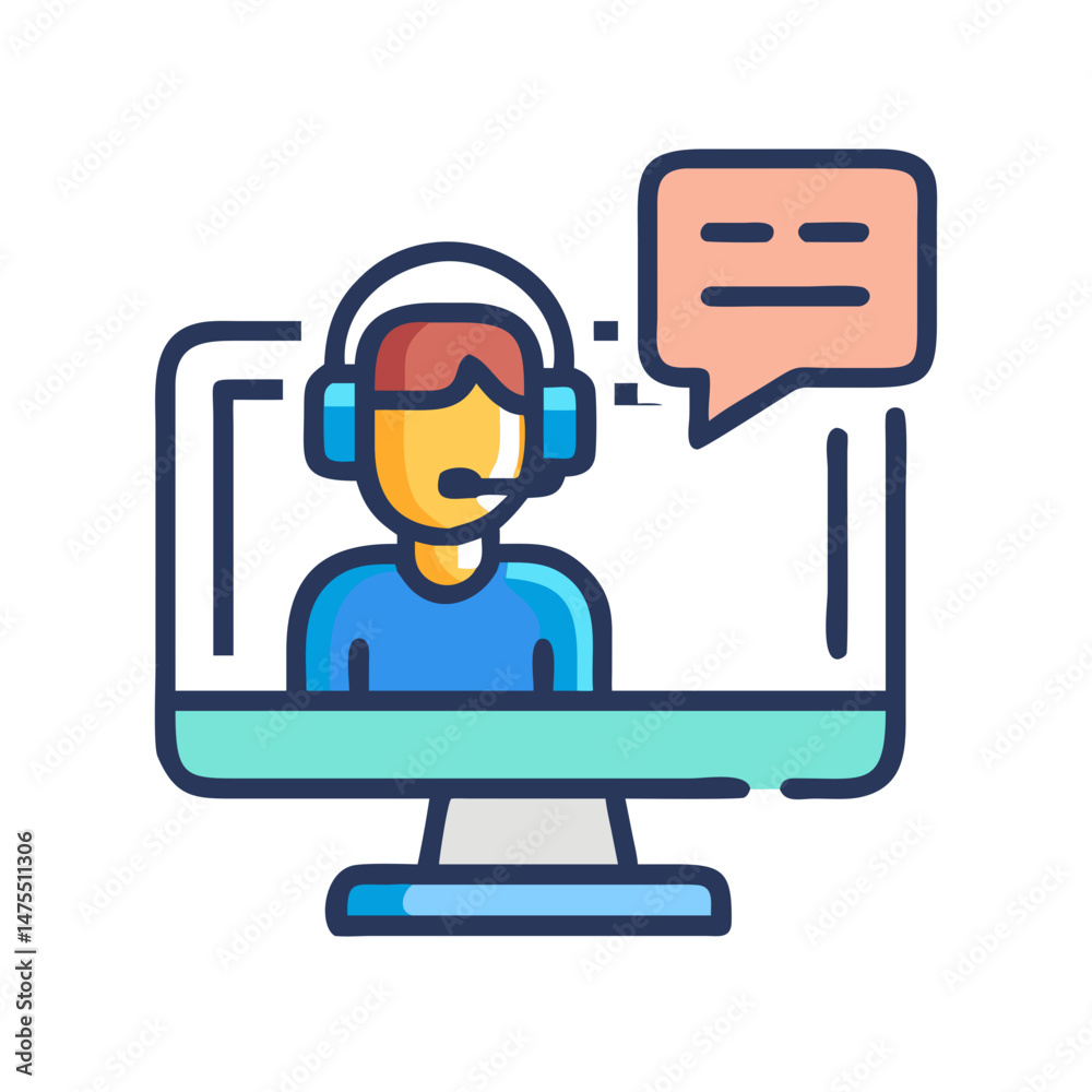 Online support icon. Customer service agent with computer