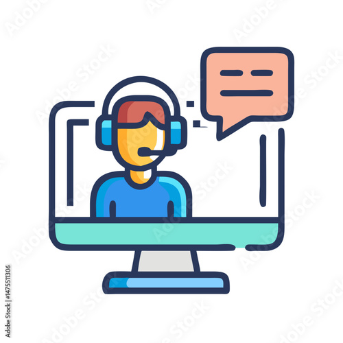 Online support icon. Customer service agent with computer