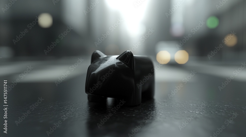Obraz premium Black cat figurine city street.