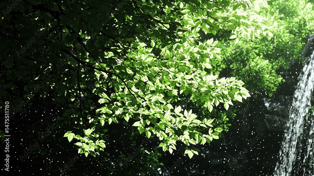 Fototapeta premium Waterfall with lush leaves, and sunlight.