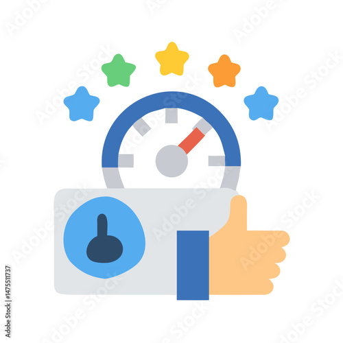 Rating icon with five colorful stars on black background