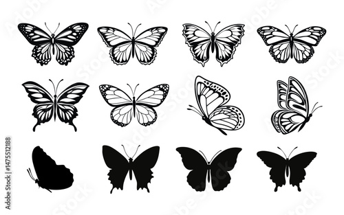 A clean vector set of butterfly butterfly silhouettes in various poses on a clean white background vector style