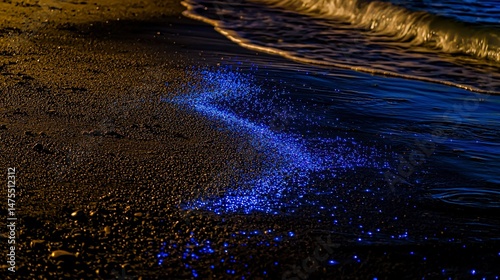 Bioluminescent Plankton Glowing Naturally in Ocean Waves at Night