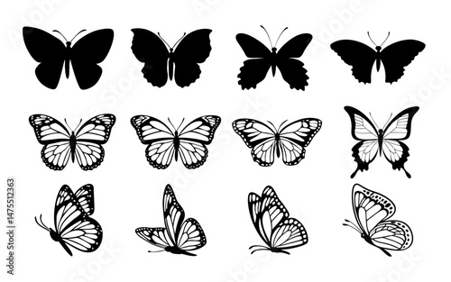 A clean vector set of butterfly butterfly silhouettes in various poses on a clean white background vector style