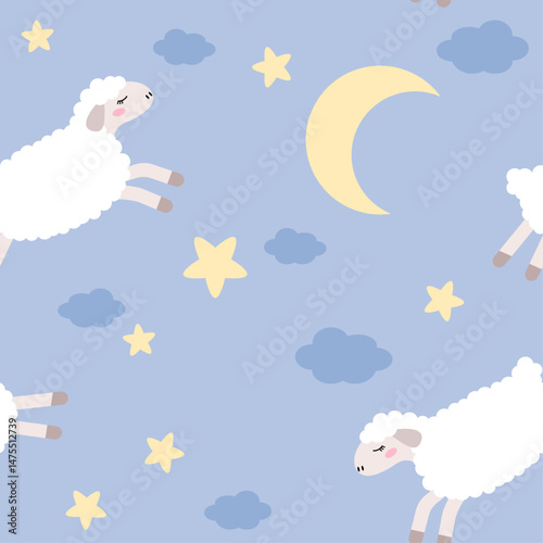Seamless pattern with ship. Cute sheep jumping over the moon and stars. Elements for your design, pattern. Good night children's vector illustration in soft pastel colors.