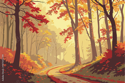 8 dreamy autumn forest, misty road winding through tall trees, vibrant fall foliage, ethereal lighting, vibrant colors, dynamic composition, photorealistic 4k, cinematic