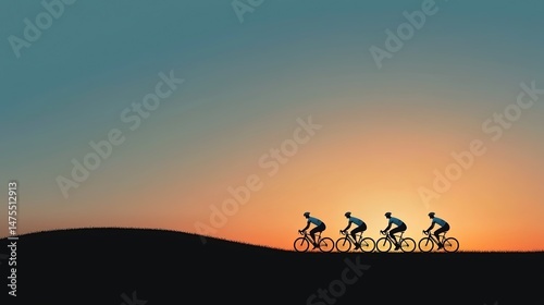 Cyclists Sunset Ride Silhouette.