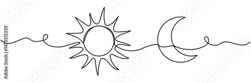 Sun and moon continuous line drawing. Vector illustration isolated on white.