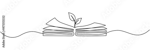 Open book with sprout plant continuous line drawing. Growing wisdom concept. Vector illustration isolated on white.
