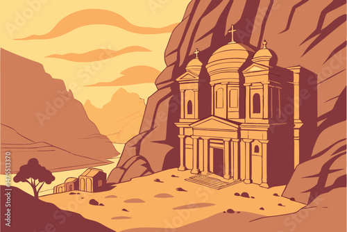 9 a beautiful ancient village nestled in the mountains, golden sandstone houses and domed structures, mysterious medieval architecture, glowing sunset colors, dramatic rocky terrain, intricate details