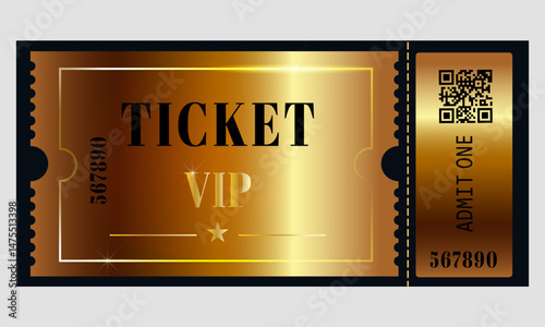 Gold VIP ticket template with QR code for cinema, theater, festival, concert, theatre. Isolated vector ticket is suitable for luxury events, premieres or exclusive access.