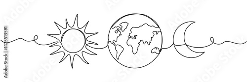 Continuous line drawing of sun with moon and Earth globe. Vector illustration isolated on white.