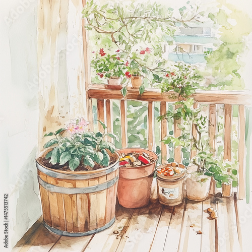 Watercolor Illustration of a Balcony Composting Setup with Plants  