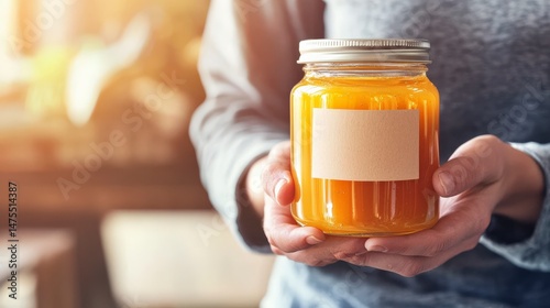 Close-Up of Hands Holding Honey Jar with Personalized Label