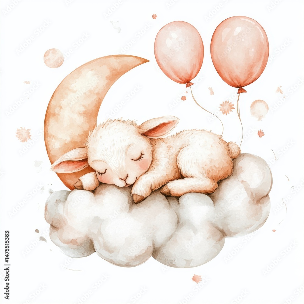 Fototapeta premium Watercolor Lamb Sleeping on Cloud with Balloons, Baby Nursery Decor