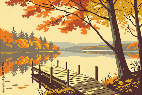 10 wooden dock, autumn forest, fall colors, orange and yellow leaves, reflections in water, nature landscape, scenic, vibrant, cinematic, 4k, detailed, photorealistic