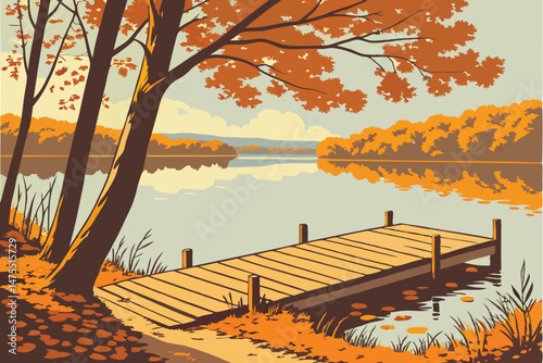 10 wooden dock, autumn forest, fall colors, orange and yellow leaves, reflections in water, nature landscape, scenic, vibrant, cinematic, 4k, detailed, photorealistic