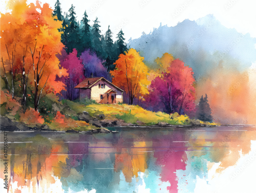Fototapeta premium Beautiful watercolor painting of a lakeside cabin with vibrant autumn foliage and reflections.