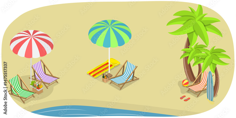 Obraz premium 3D Isometric Flat Set of Summer Beach, Vacation by the Sea