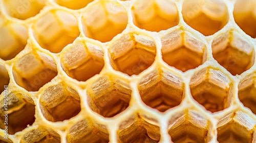 Close-Up of Intricate Hexagonal Honeycomb Cells Filled with Honey