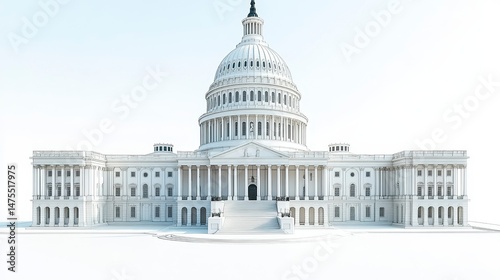 Bright, stately building with pillars and a domed roof against a clear, bright white sky