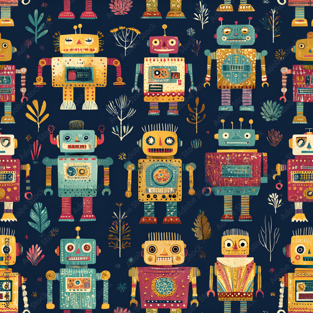 Fototapeta premium Colorful Robots Toys Art Illustration Digital Design Kids Background Playful Pattern Animated Characters Whimsical Nature Leaves Surreal Retro Cartoon Futuristic Maximalist Visuals Narratives