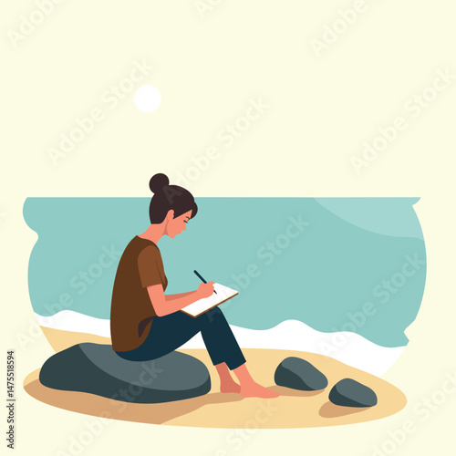 Woman writing on the beach while sitting on a rock  