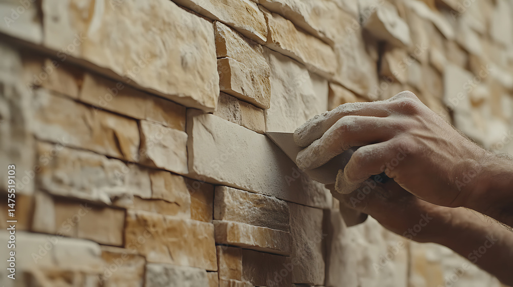 Hand Applying Mortar to Stone Wall Hand Applying Mortar to Stone Wall