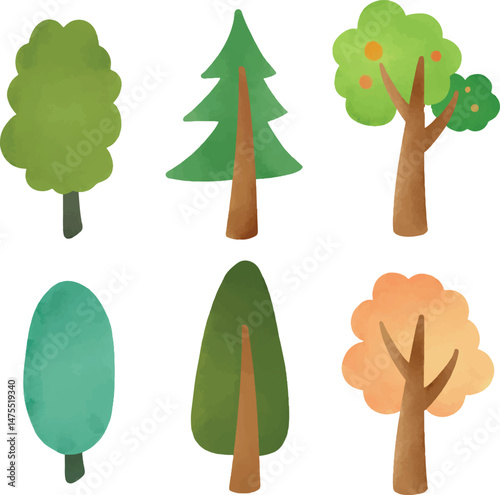 Set of tree watercolor style illustration. Collection of trees in different shape and color vector cartoon. For children book, graphic element, asset
