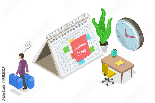 Wallpaper Mural 3D Isometric Flat  Illustration of Annual Leave , Joyful Person Carrying Suitcase After Noting Annual Leave On Calendar Torontodigital.ca