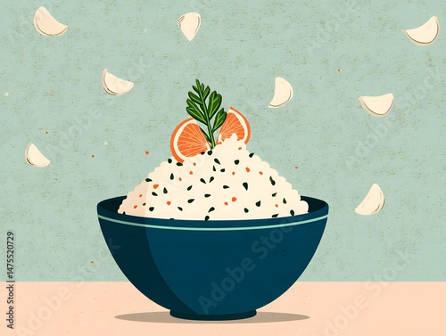 Artistic Culinary Delights: A stylized illustration showcases a vibrant bowl of rice topped with fresh citrus and a sprig of parsley, set against a soft backdrop sprinkled with artistic accents.