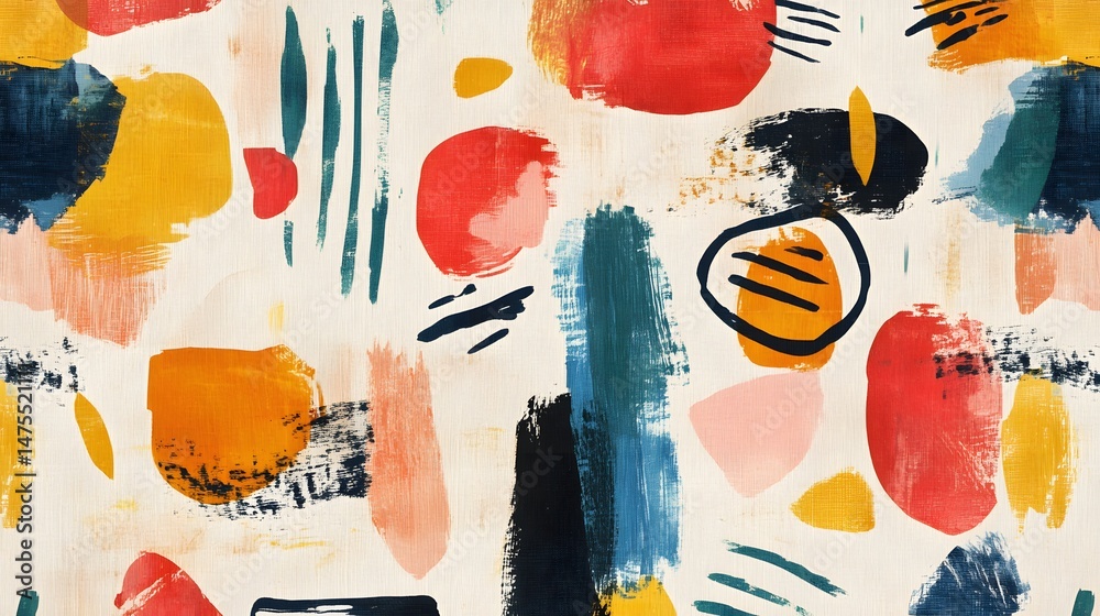 Naklejka premium Abstract painting features overlapping circles, lines, and brushstrokes in red, orange, and blue.