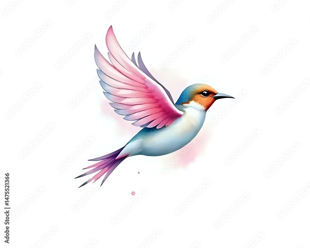 Obraz premium A flying sparrow logo with a hint of soft pink feathers,HD,Watercolor,transparent background 