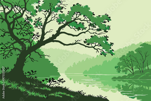11 a lush, verdant forest with a serene, mirror-like lake, vibrant green foliage reflecting on the calm waters, a solitary tree with twisting branches dipping into the tranquil surface, a dreamlike, h