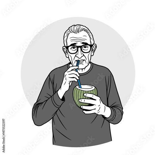 Older man enjoying coconut drink with straw  