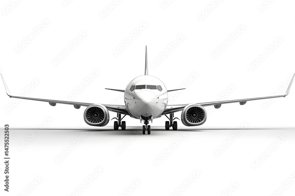 Naklejka premium A front view of a commercial airplane on a white background showing engine and wings clearly