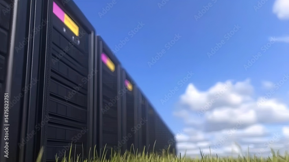 Naklejka premium Servers in Green Field with Blue Sky.